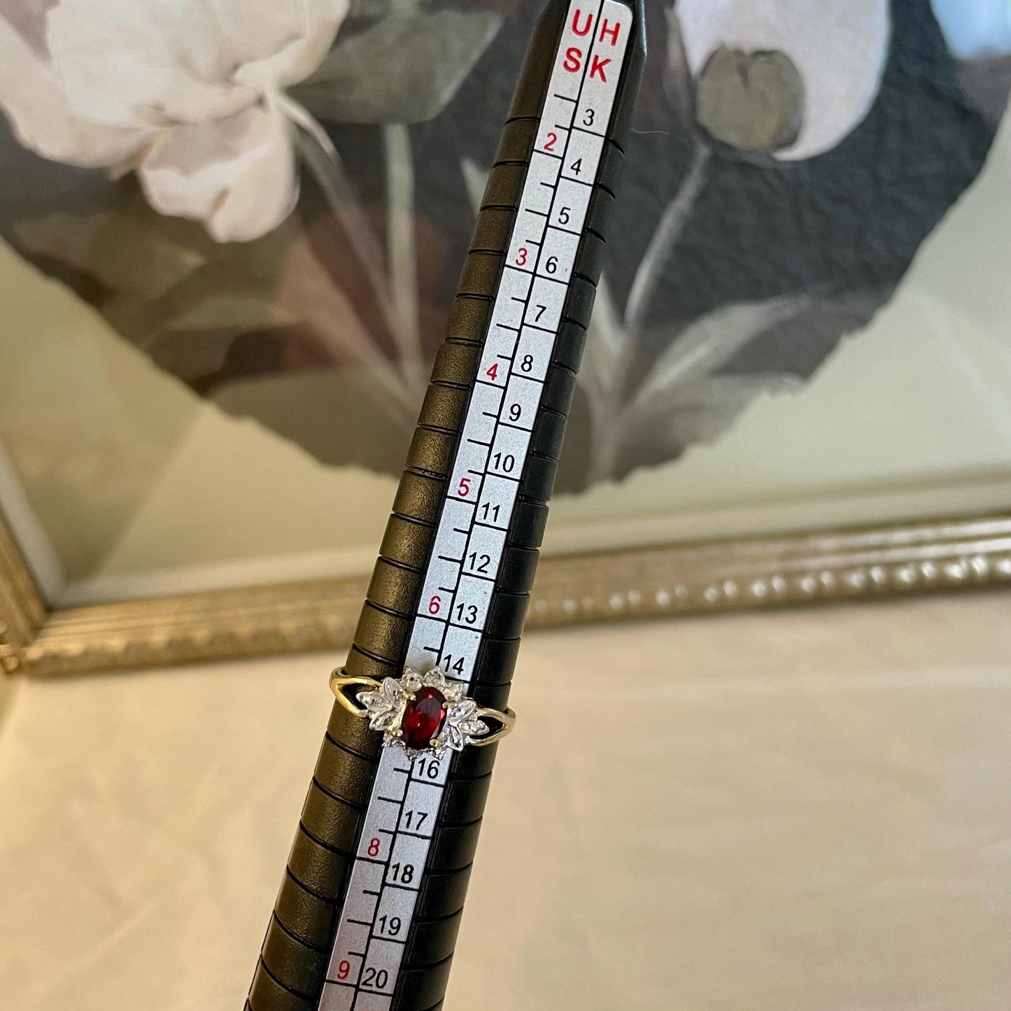 10K Solid Gold Garnet Ring with Diamond Accents- Size 6.75 US