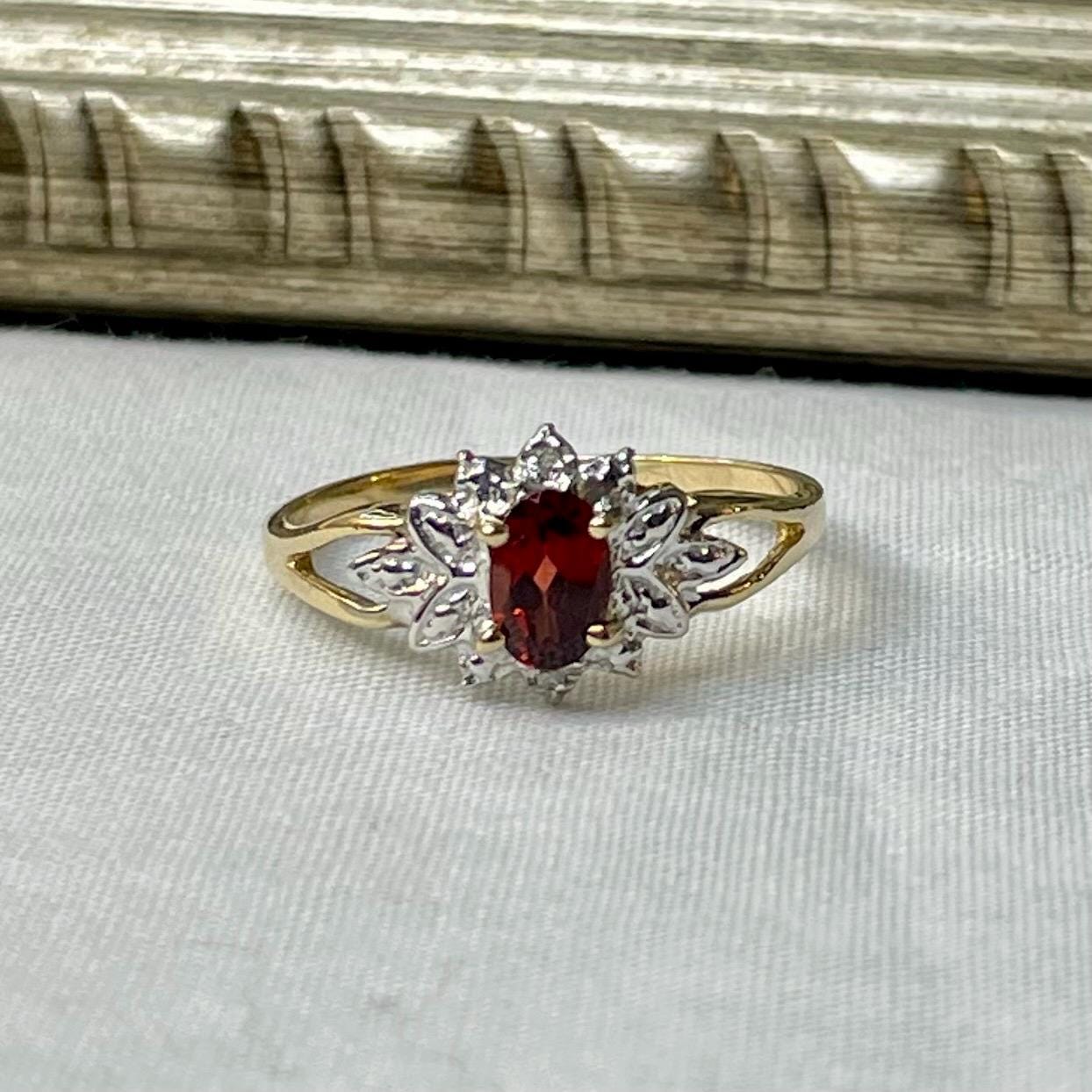 10K Solid Gold Garnet Ring with Diamond Accents- Size 6.75 US