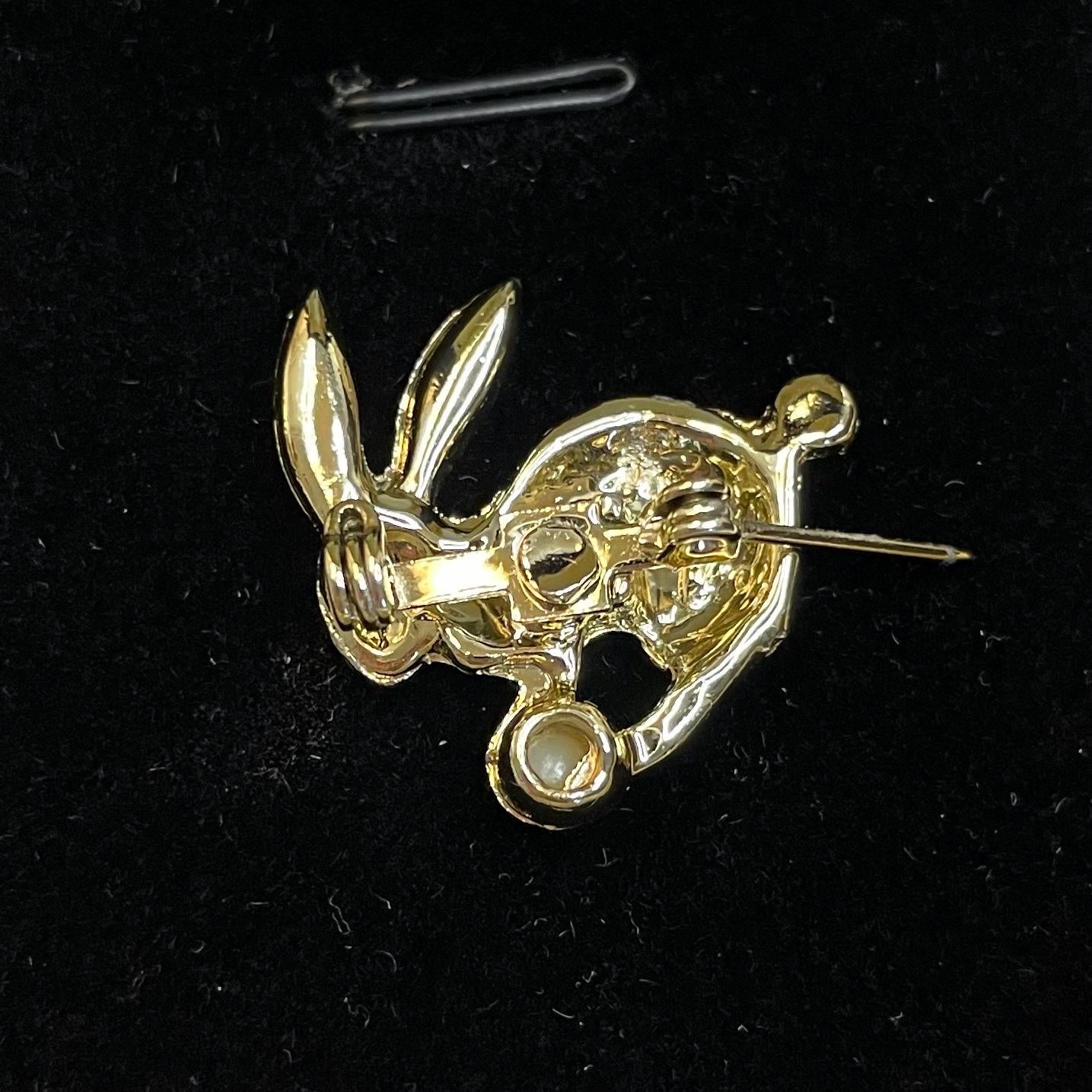 Gold Toned Rabbit Brooch With Rinestones and Faux Pearl