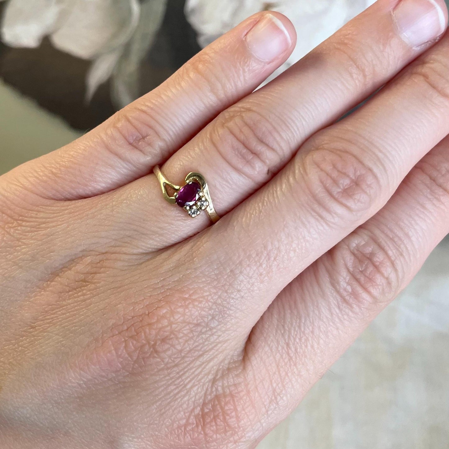 10K Solid Yellow Gold Ruby Ring with Diamond Accents - Size 5 US
