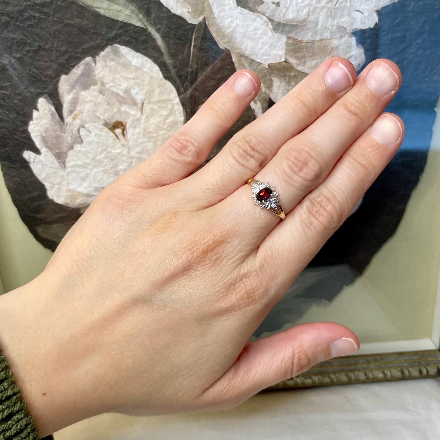 10K Solid Gold Garnet Ring with Diamond Accents- Size 6.75 US