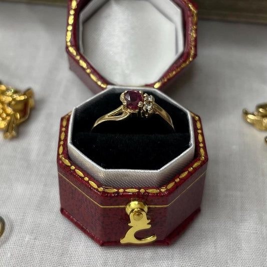 10K Solid Yellow Gold Ruby Ring with Diamond Accents - Size 5 US