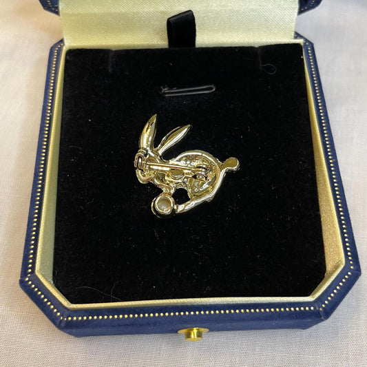 Gold Toned Rabbit Brooch With Rinestones and Faux Pearl