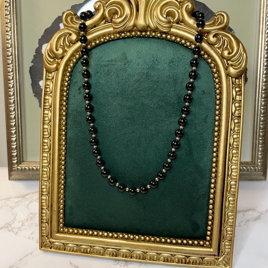 Vintage 10k Solid Gold Onyx Bead Necklace Estate Jewelry - 18” Long