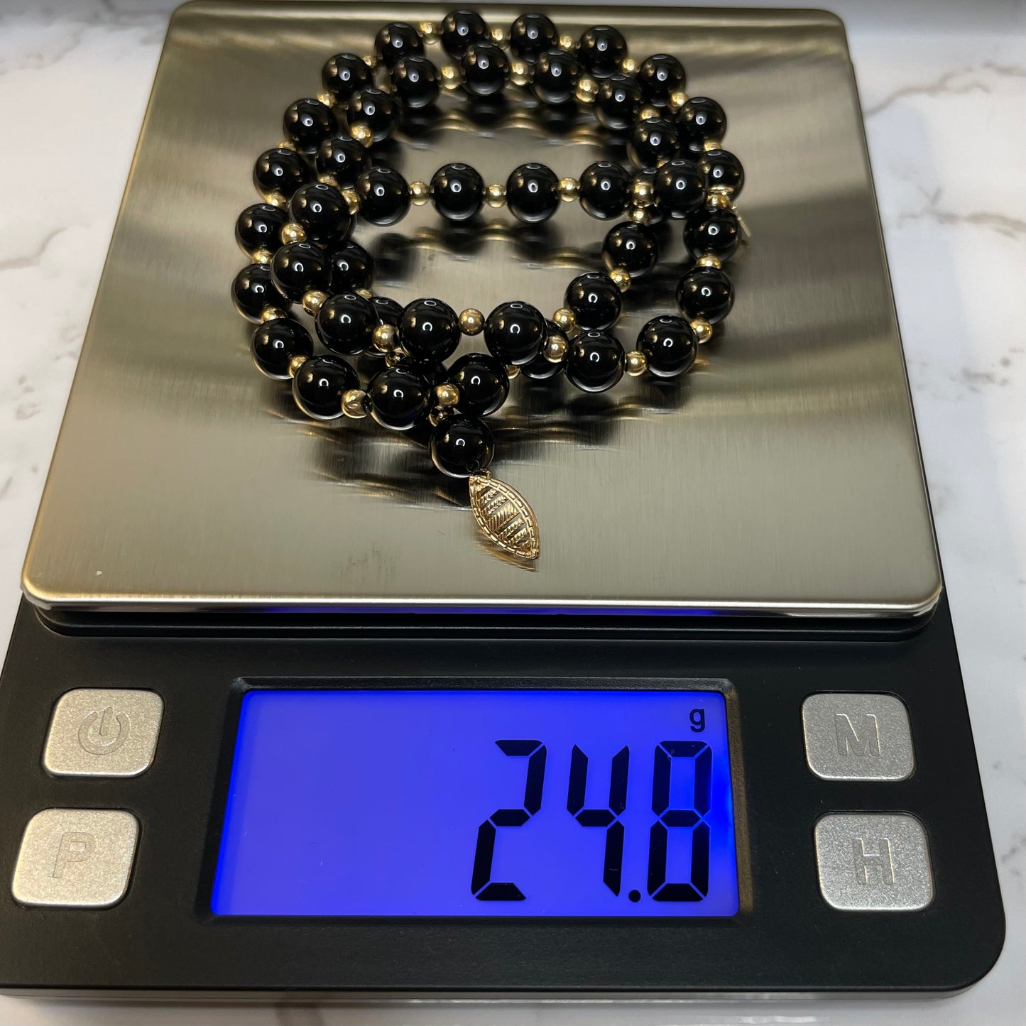 Vintage 10k Solid Gold Onyx Bead Necklace Estate Jewelry - 18” Long