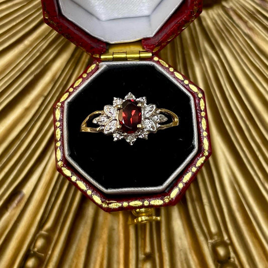 10K Solid Gold Garnet Ring with Diamond Accents- Size 6.75 US