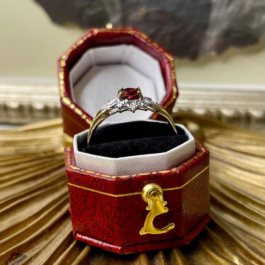 10K Solid Gold Garnet Ring with Diamond Accents- Size 6.75 US