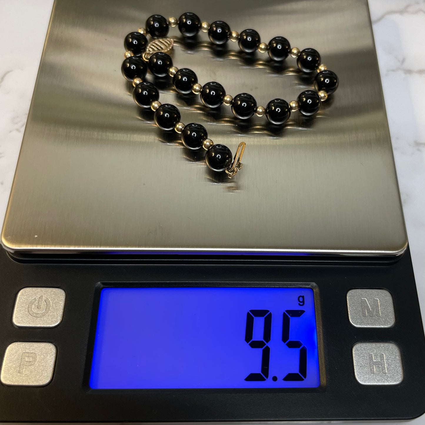 Vintage 10k Solid Gold Onyx Bead Bracelet Estate Jewelry - 7.5” Long