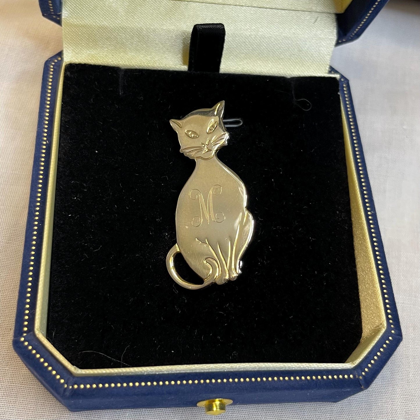 Gold Toned Cat Brooch Letter M Pin