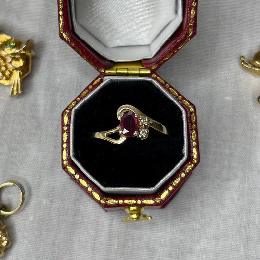 10K Solid Yellow Gold Ruby Ring with Diamond Accents - Size 5 US