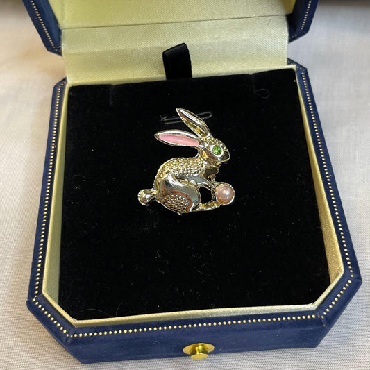 Gold Toned Rabbit Brooch With Rinestones and Faux Pearl