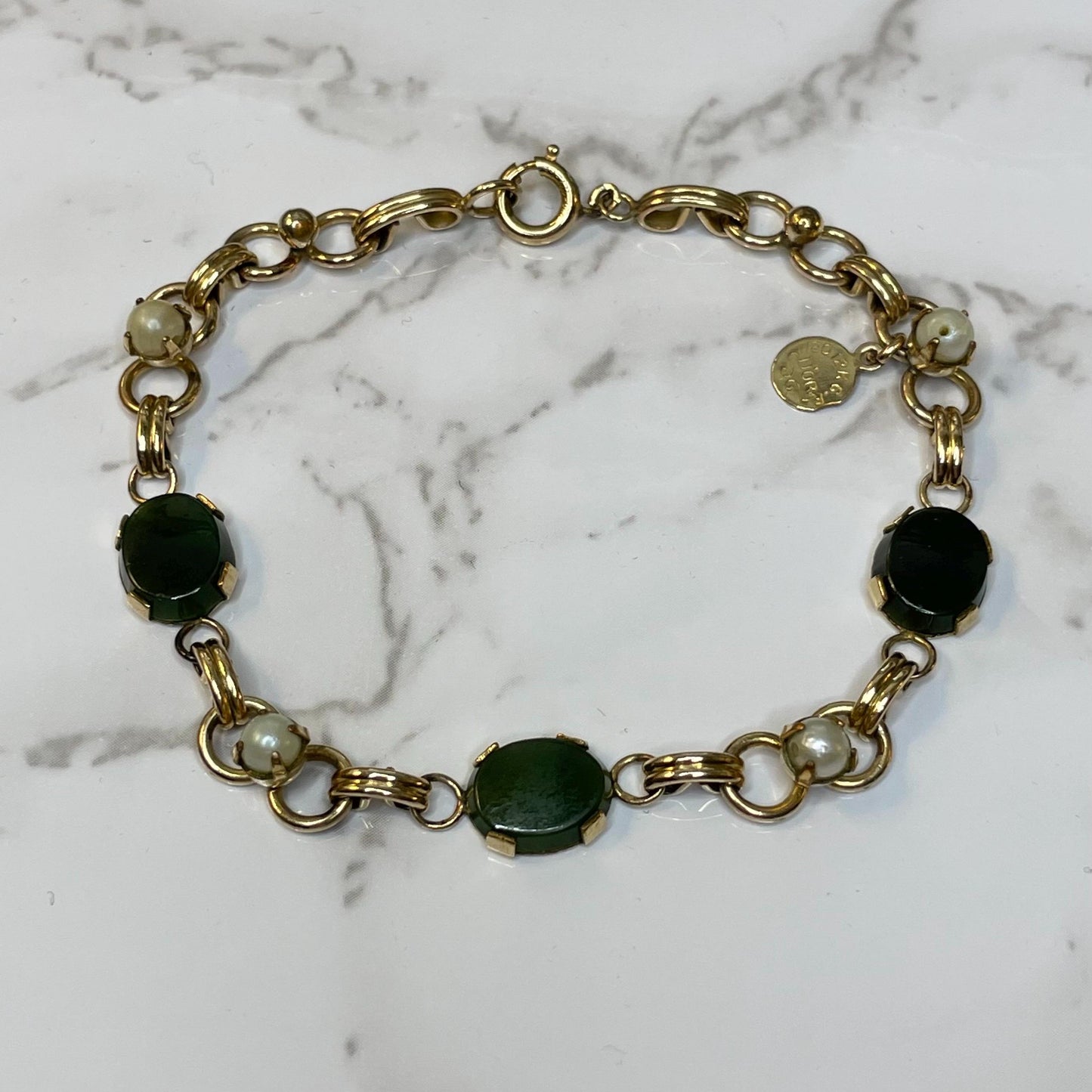 Vintage 12k Gold FILLED Jade and Pearl Bracelet Estate Jewelry - 7”