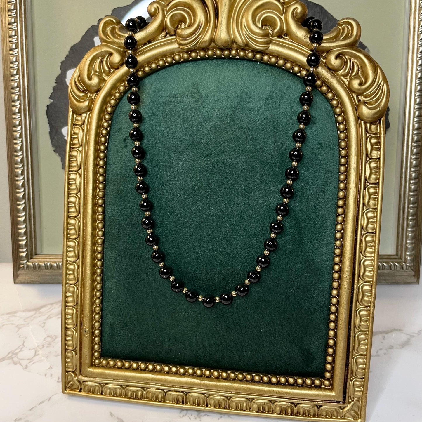 Vintage 10k Solid Gold Onyx Bead Necklace Estate Jewelry - 18” Long