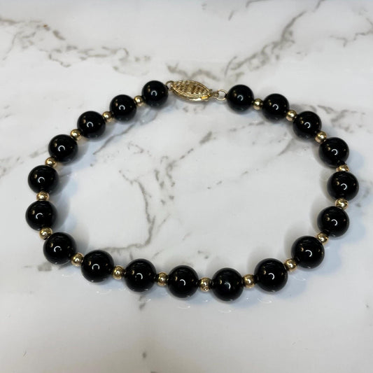 Vintage 10k Solid Gold Onyx Bead Bracelet Estate Jewelry - 7.5” Long