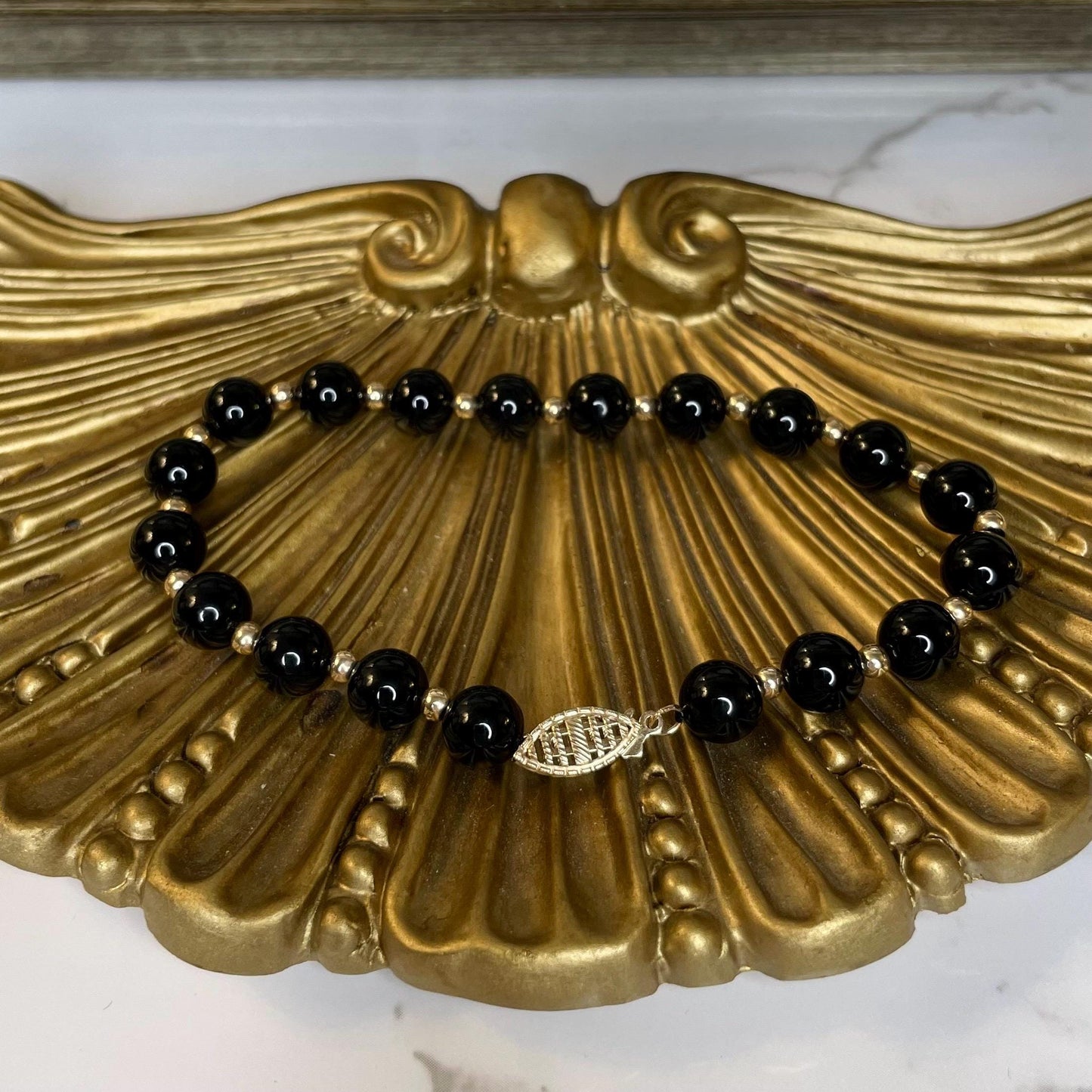 Vintage 10k Solid Gold Onyx Bead Bracelet Estate Jewelry - 7.5” Long