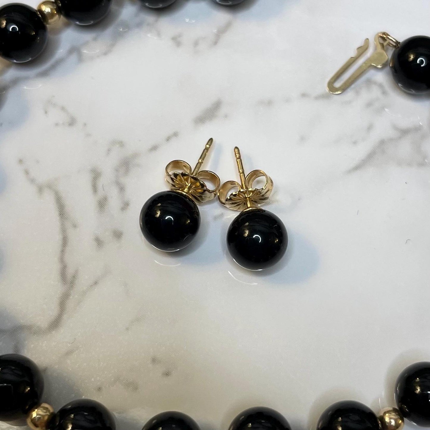 Vintage 10k Solid Gold Onyx Bead Earrings Estate Jewelry