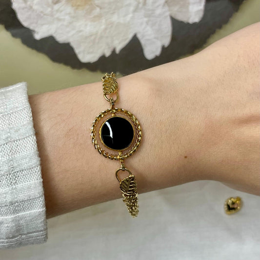 12K Gold FILLED Vintage Onyx and Leaves Bracelet 7.5”