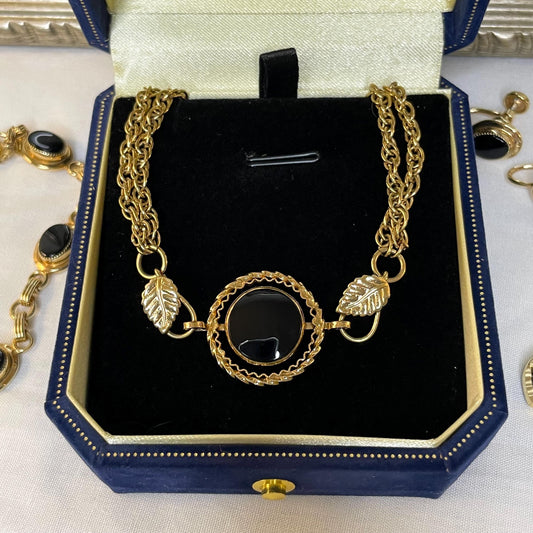 12K Gold FILLED Vintage Onyx and Leaves Bracelet 7.5”