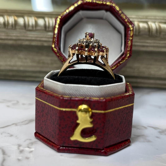 Vintage 10K Solid Gold Ruby Diamond Cluster Ring - Size US 7.25