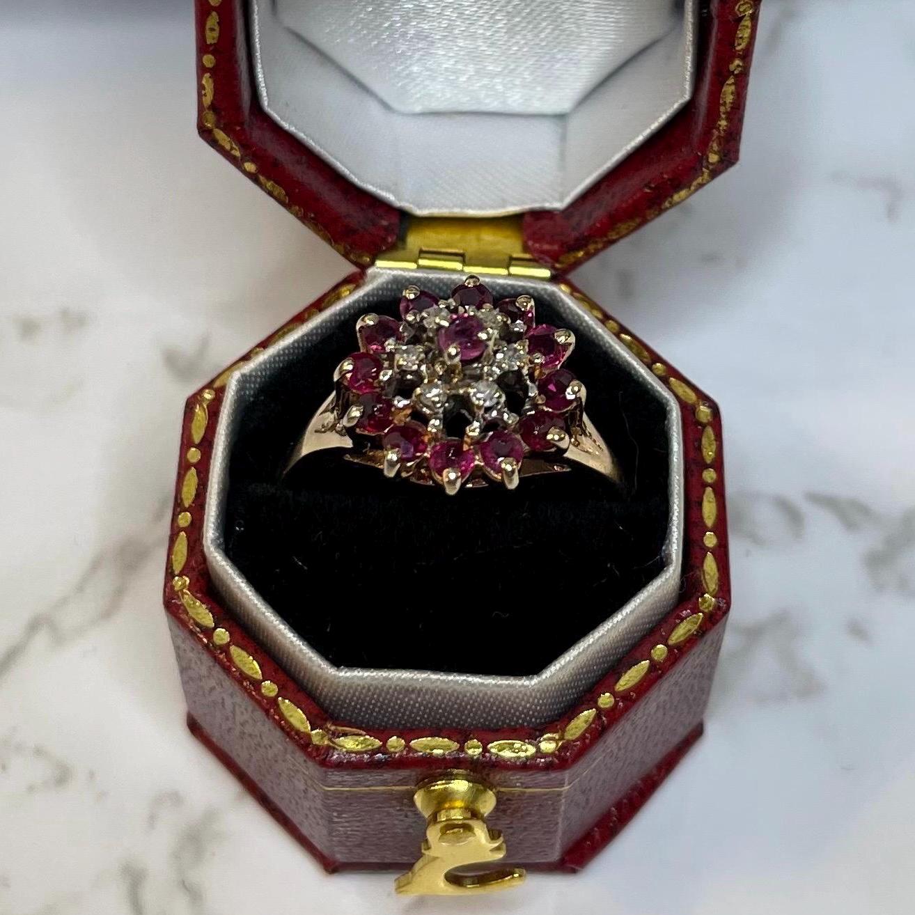 Vintage 10K Solid Gold Ruby Diamond Cluster Ring - Size US 7.25