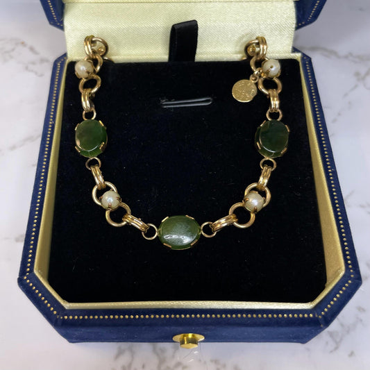 Vintage 12k Gold FILLED Jade and Pearl Bracelet Estate Jewelry - 7”