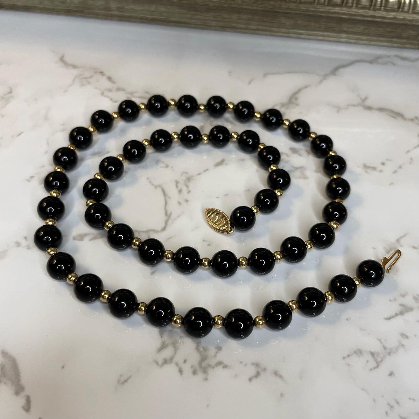 Vintage 10k Solid Gold Onyx Bead Necklace Estate Jewelry - 18” Long