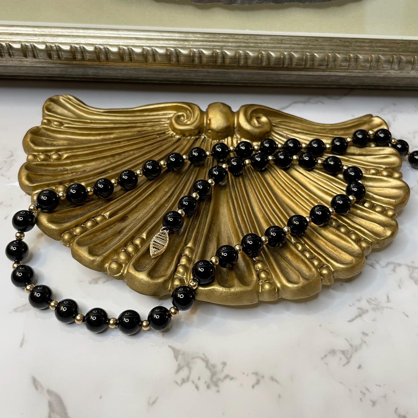 Vintage 10k Solid Gold Onyx Bead Necklace Estate Jewelry - 18” Long