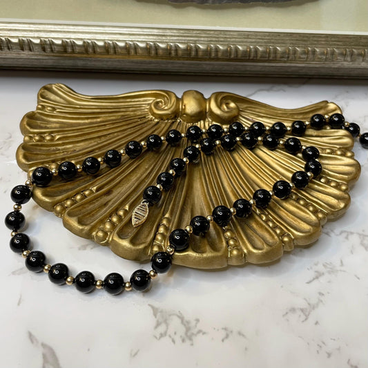 Vintage 10k Solid Gold Onyx Bead Necklace Estate Jewelry - 18” Long