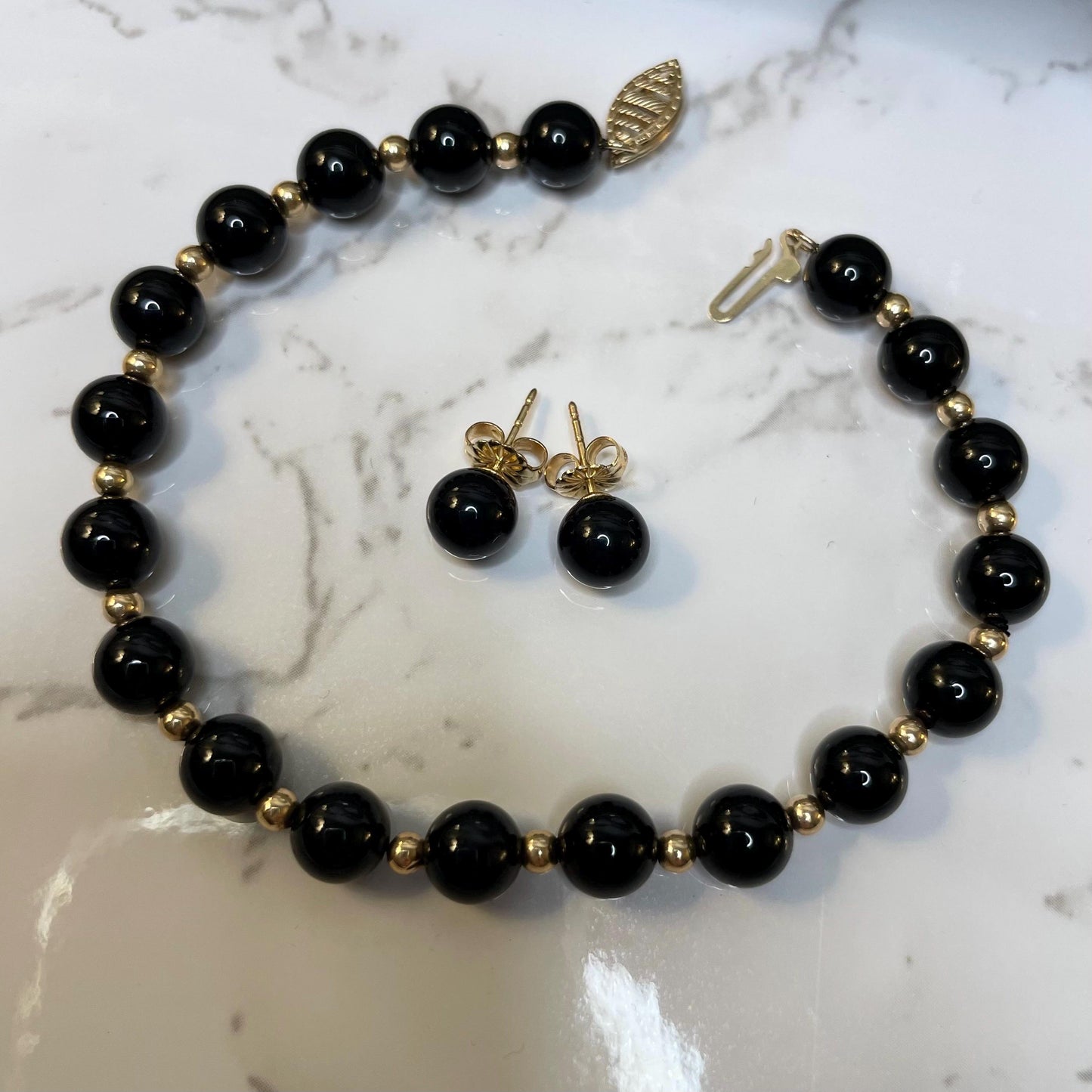 Vintage 10k Solid Gold Onyx Bead Bracelet Estate Jewelry - 7.5” Long