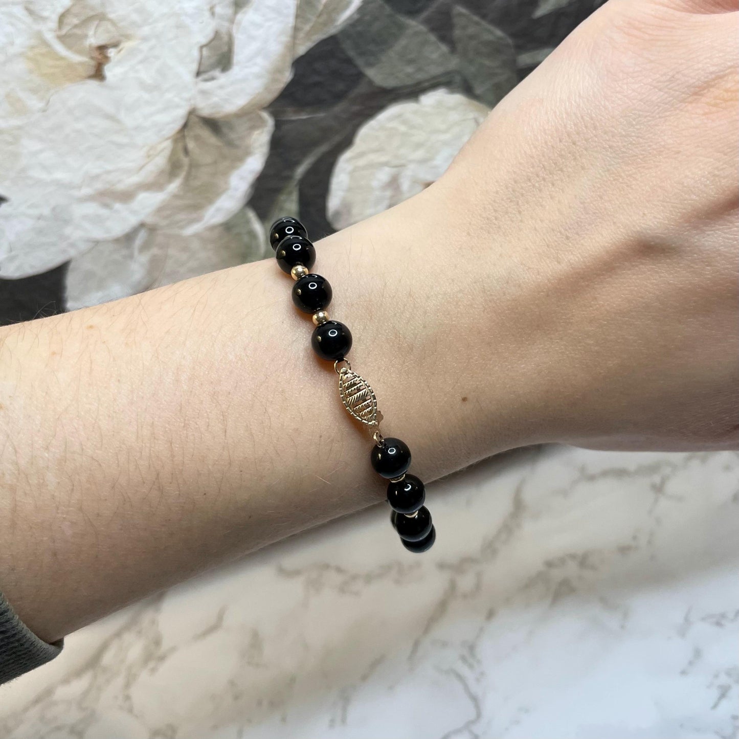 Vintage 10k Solid Gold Onyx Bead Bracelet Estate Jewelry - 7.5” Long