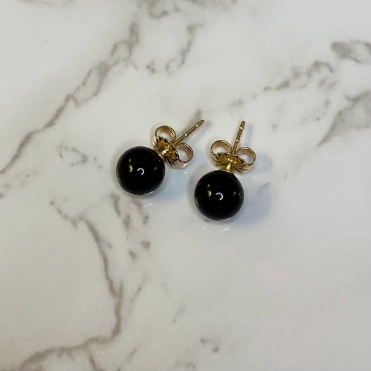 Vintage 10k Solid Gold Onyx Bead Earrings Estate Jewelry