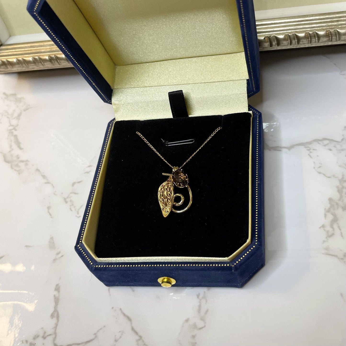 Vintage 14K Gold FILLED Smokey Quartz Pendant Necklace Signed AMCO - 15” Chain