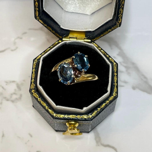 Vintage 10K Yellow Gold Toi et Moi Blue Spinel Ring - Size US 5.25